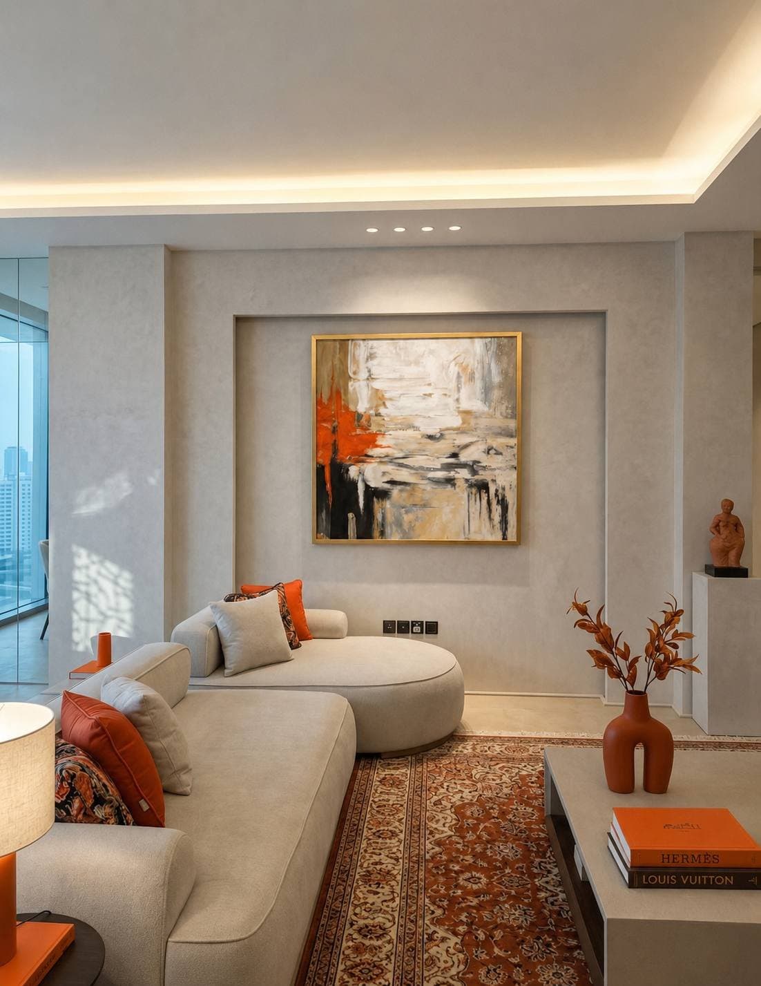 A large abstract piece above a sofa in a residential interior