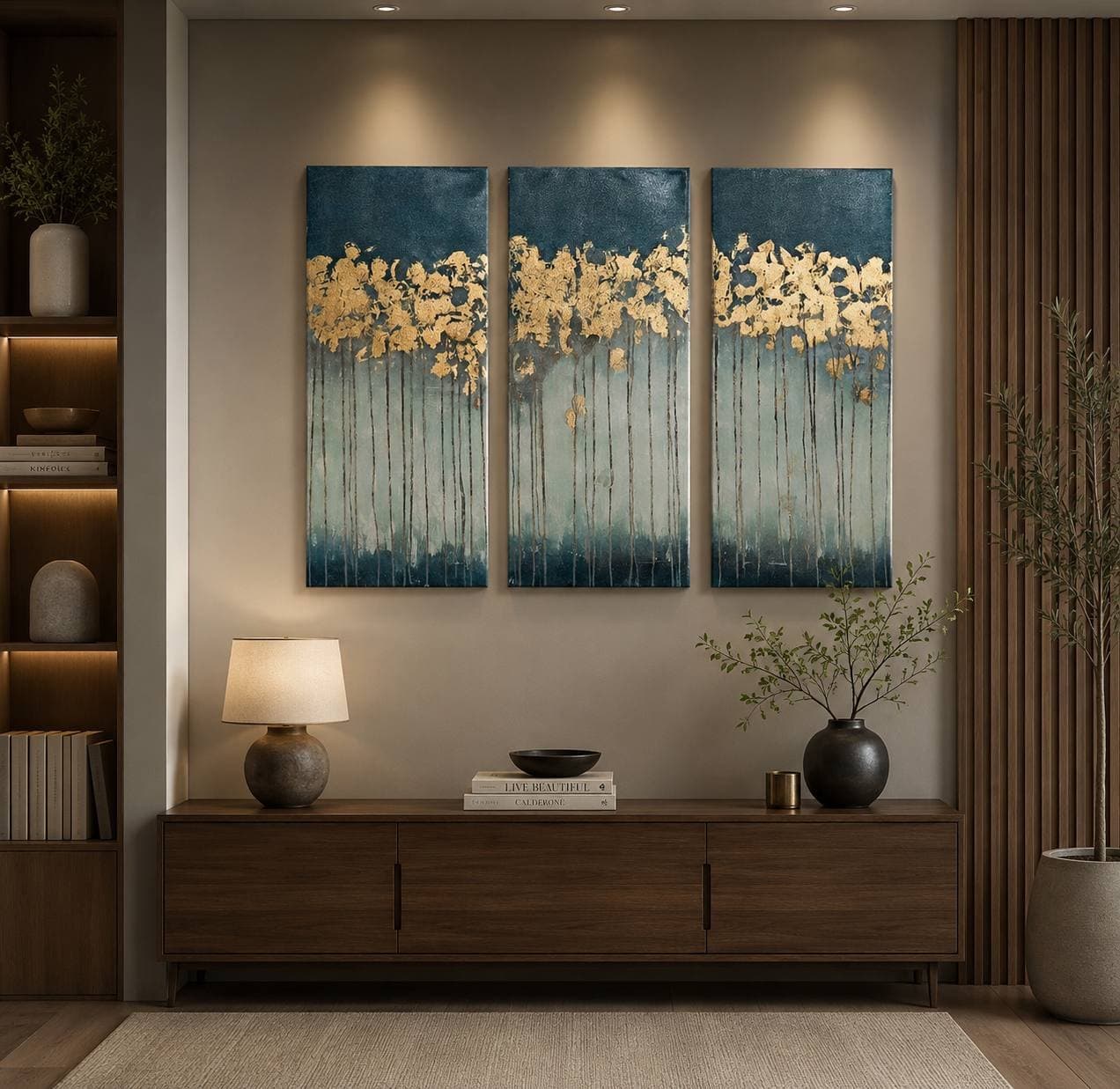 Golden Forest, Triptych, gold leaf by Soha Fazeli