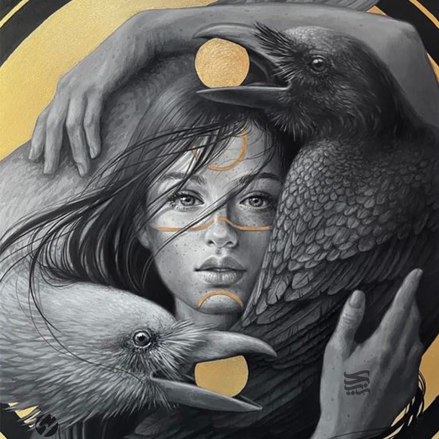 Between Shadow and Light, Charcoal and gold leaf by Soha Fazeli